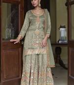 Light mahendi simmer silk embroidered designer sharara suit
