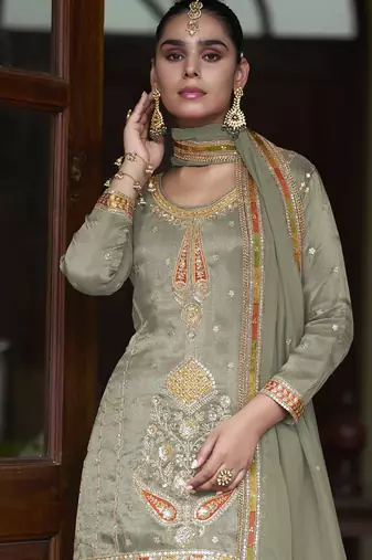 Light mahendi simmer silk embroidered designer sharara suit
