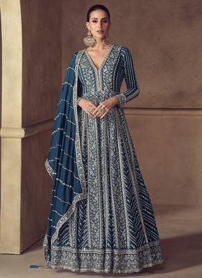 Blue chinon silk embroidered designer anarkali  suit 1