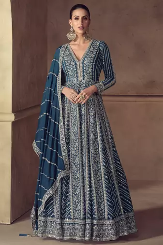 Blue chinon silk embroidered designer anarkali  suit