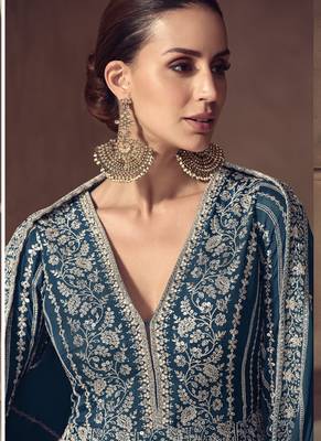 Blue chinon silk embroidered designer anarkali  suit 2