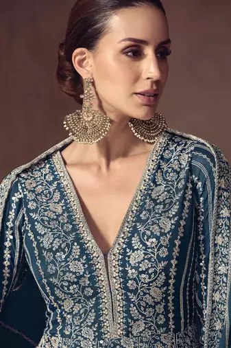 Blue chinon silk embroidered designer anarkali  suit