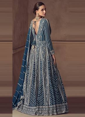 Blue chinon silk embroidered designer anarkali  suit 3