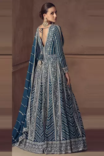 Blue chinon silk embroidered designer anarkali  suit