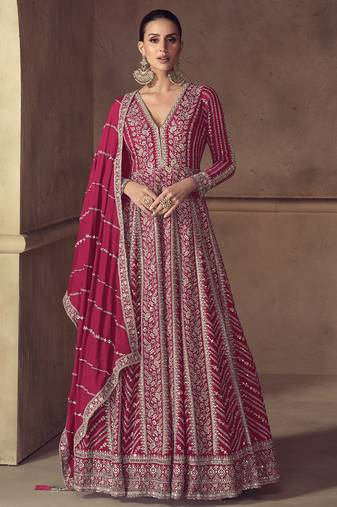 Rani pink chinon silk embroidered designer anarkali  suit