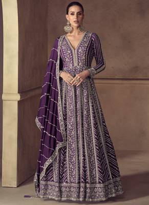 Purple chinon silk embroidered designer anarkali  suit 1