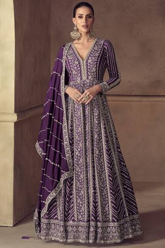 Purple chinon silk embroidered designer anarkali  suit