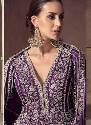 Purple chinon silk embroidered designer anarkali  suit 2
