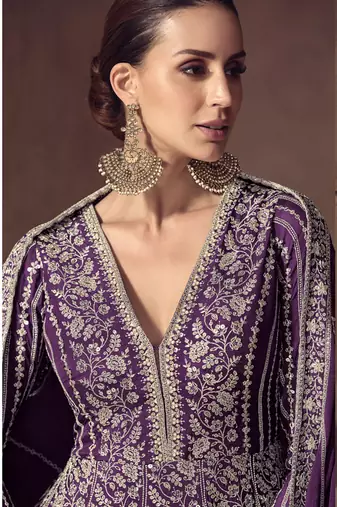 Purple chinon silk embroidered designer anarkali  suit