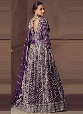 Purple chinon silk embroidered designer anarkali  suit 3