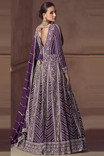 Purple chinon silk embroidered designer anarkali  suit