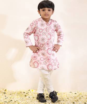 Pink printed linen kurta set 1