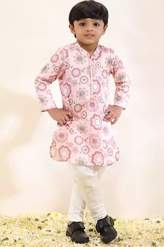 Pink printed linen kurta set