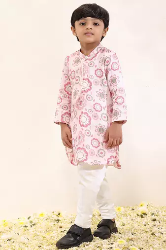 Pink printed linen kurta set