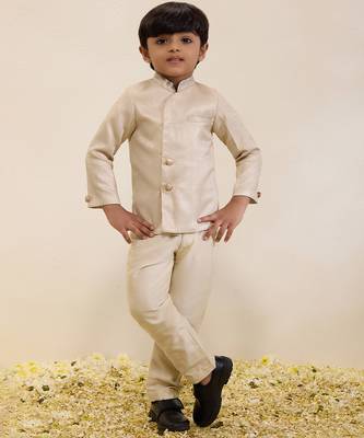 Beige plain shimmer sherwani set 1