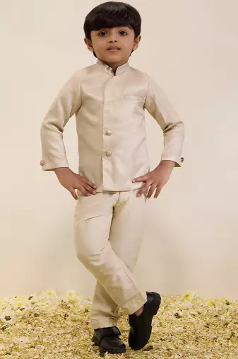 Beige plain shimmer sherwani set