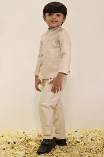 Beige plain shimmer sherwani set