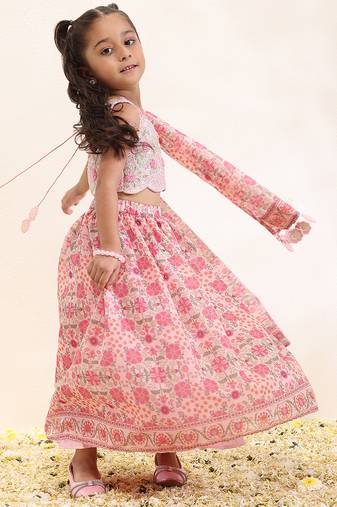 Pink printed silk lehenga set