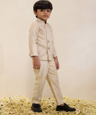 Beige plain shimmer sherwani set 3