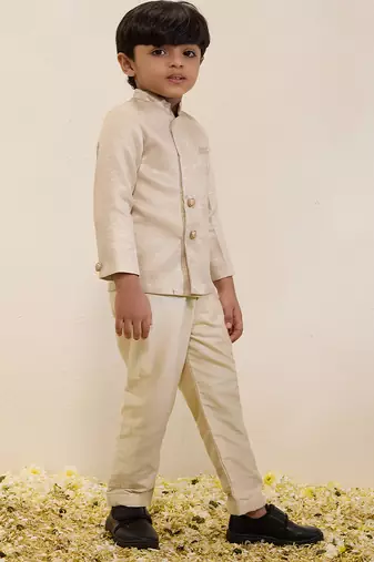 Beige plain shimmer sherwani set