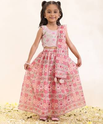 Pink printed silk lehenga set 1