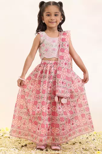 Pink printed silk lehenga set