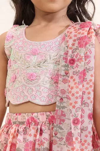 Pink printed silk lehenga set