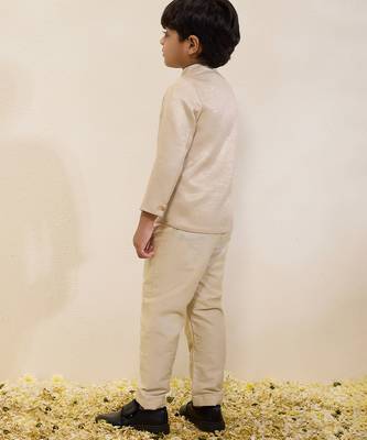 Beige plain shimmer sherwani set 4