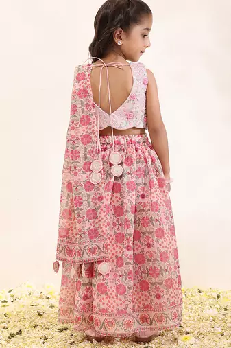 Pink printed silk lehenga set