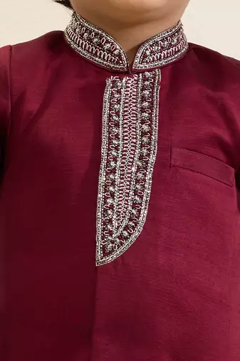 Maroon plain linen sherwani set