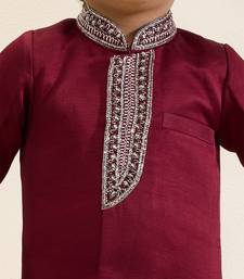 Maroon plain linen sherwani set