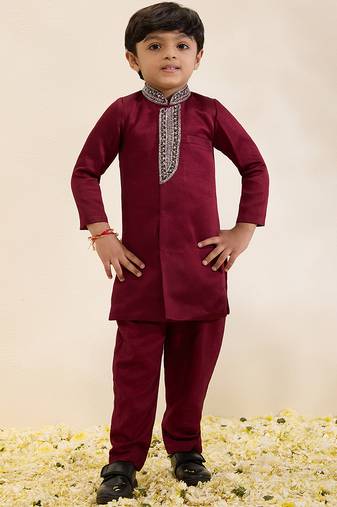 Maroon plain linen sherwani set