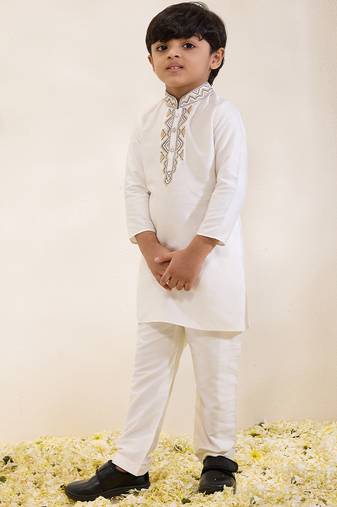 White embroidered silk kurta set