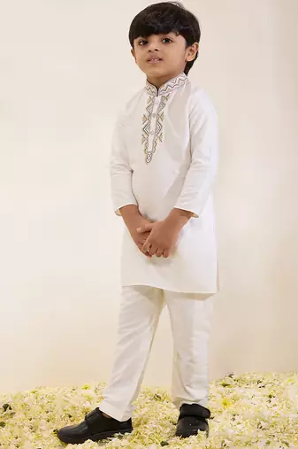 White embroidered silk kurta set