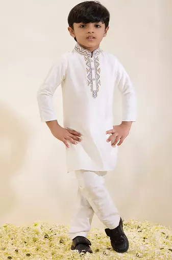White embroidered silk kurta set