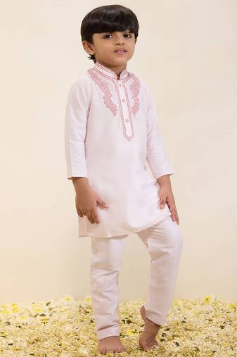 White embroidered silk kurta set