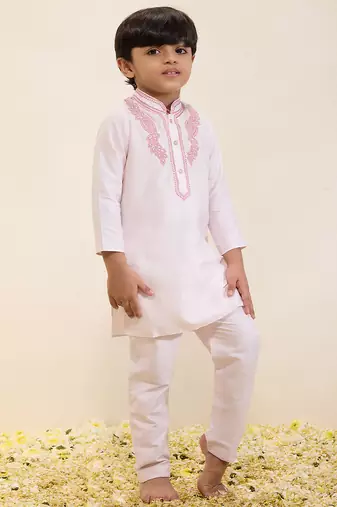 White embroidered silk kurta set
