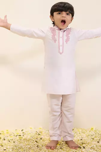 White embroidered silk kurta set