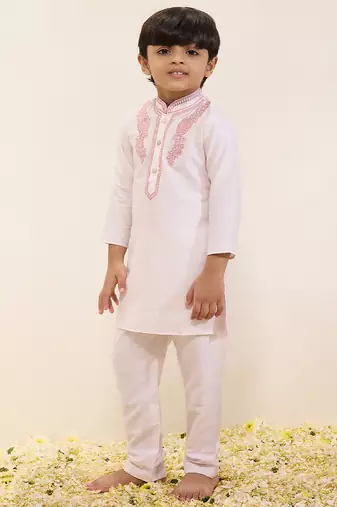 White embroidered silk kurta set