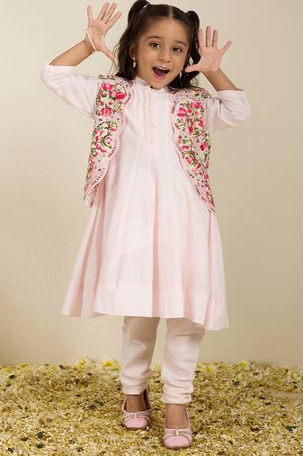 Pink printed silk anarkali set