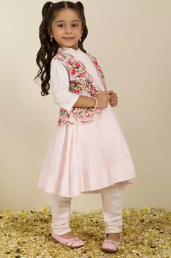 Pink printed silk anarkali set