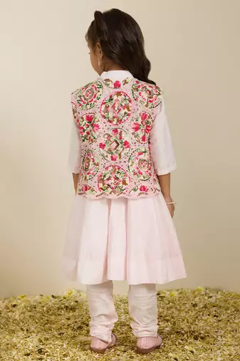 Pink printed silk anarkali set