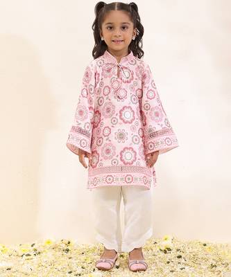 Pink printed silk kurta set 1