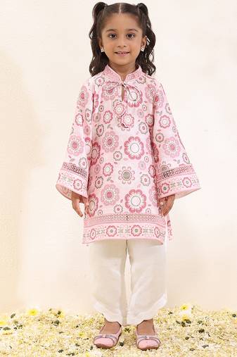 Pink printed silk kurta set