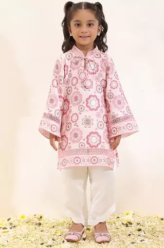 Pink printed silk kurta set