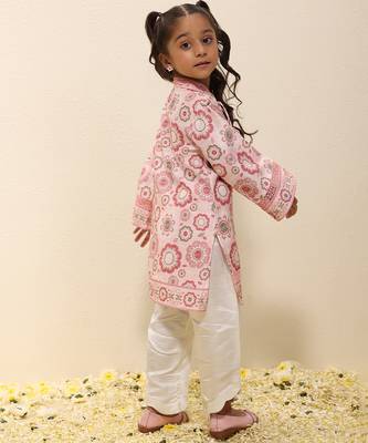 Pink printed silk kurta set 3