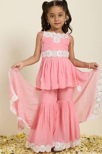 Pink embroidered silk sharara set