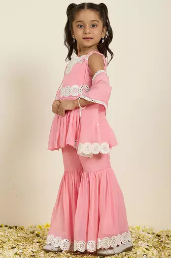 Pink embroidered silk sharara set