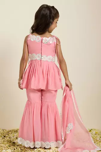 Pink embroidered silk sharara set