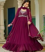 Wine Faux Georgette kurti and duptta with Beads embroidery-work